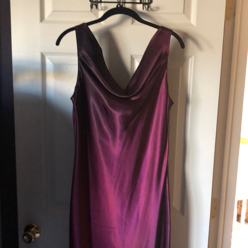 Floor length satin eggplant dress. Draped neck.